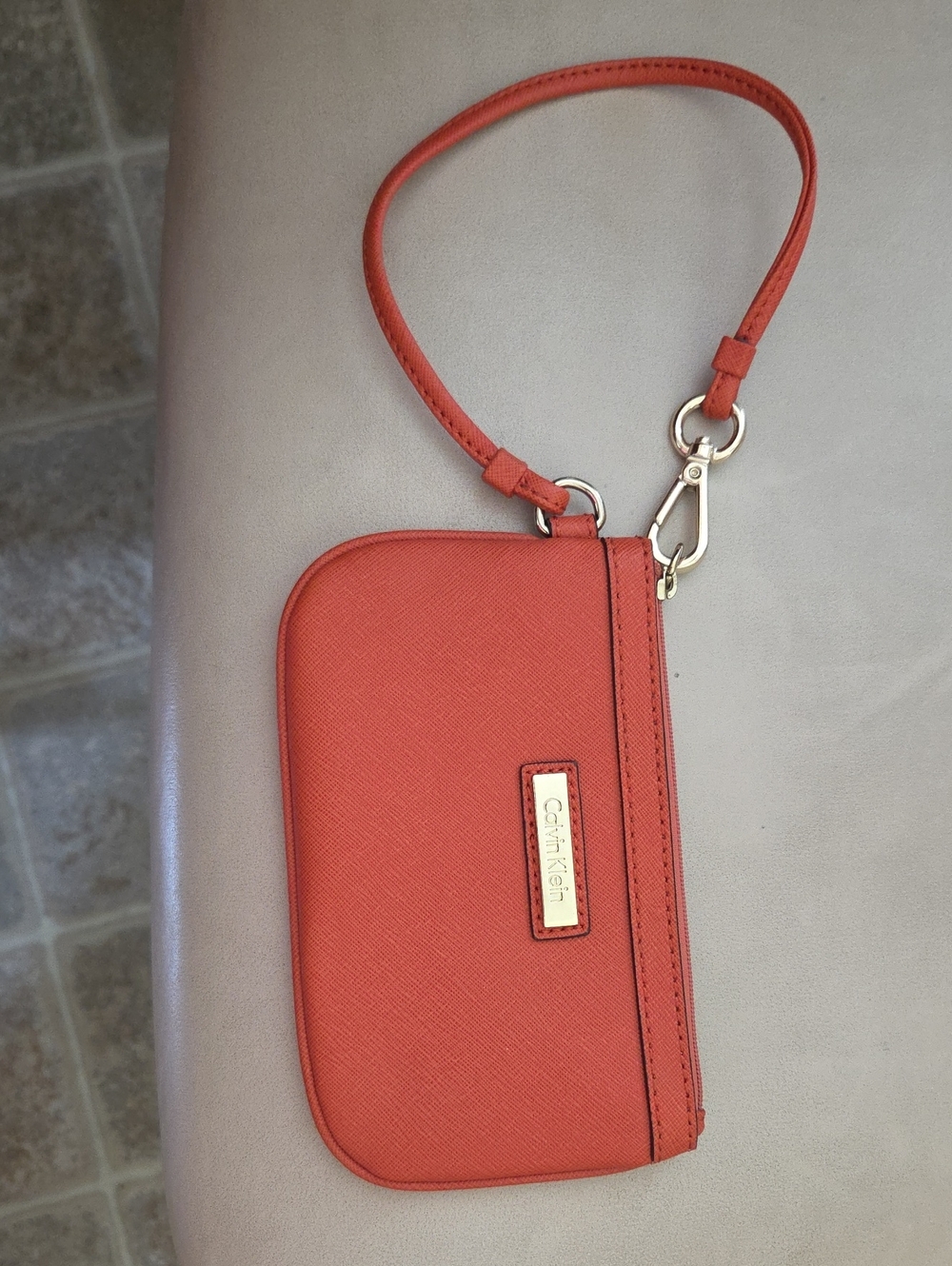 Calvin Klein Coral Zip Wristlet with Gold Trim